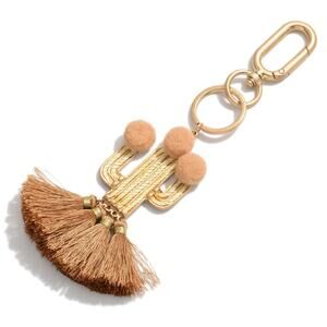 Tan Cream Tassel Pom Pom Cactus Keychain Bag Purse Charm